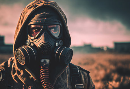 Gas mask on a man's face in Smog with smoke. environmental disaster and air pollution. Global warming and Hazard polluted. Nuclear explosion and chemical weapons poisoning in war. AI Generativeの素材