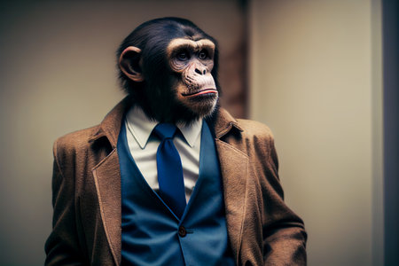 Monkey in jacket in human form. Monkey head in a human body in a business suit, a chimpanzee monkey in the form of a man. Man with a monkey head in a classic elite suit. Generative AI Illustration.の素材