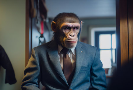 Monkey in jacket in human form. Monkey head in a human body in a business suit, a chimpanzee monkey in the form of a man. Man with a monkey head in a classic elite suit. Generative AI Illustration.の素材