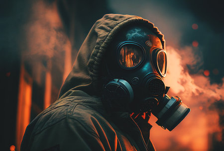 Gas mask on a man's face in Smog with smoke. environmental disaster and air pollution. Global warming and Hazard polluted. Nuclear explosion and chemical weapons poisoning in war. AI Generativeの素材