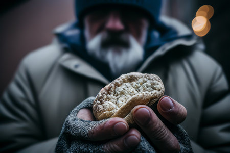 Homeless man holds a slice of bread in his hands, close-up. Piece of bread in hands of homeless person. Concept of hunger, poverty and homeless. Hungry man with food. Poor migrant. AI Generateの素材
