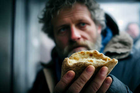 Homeless man holds a slice of bread in his hands, close-up. Piece of bread in hands of homeless person. Concept of hunger, poverty and homeless. Hungry man with food. Poor migrant. AI Generateの素材