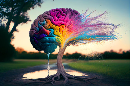 Human brain in the form of a tree. Tree trunk with human brain. Concept of ecology and Soil drought. global drug crisis. Drink water safe. Water supply problems and water deficit. Generative AI.の素材