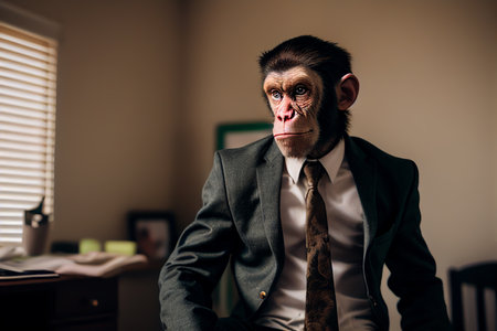 Monkey in jacket in human form. Monkey head in a human body in a business suit, a chimpanzee monkey in the form of a man. Man with a monkey head in a classic elite suit. Generative AI Illustration.の素材