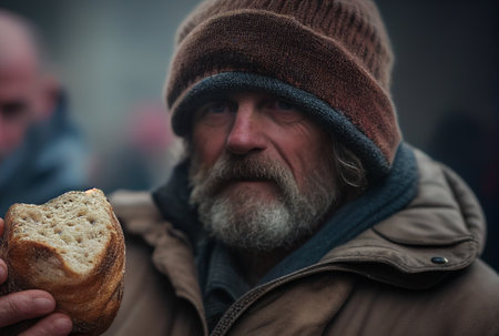 Homeless man holds a slice of bread in his hands, close-up. Piece of bread in hands of homeless person. Concept of hunger, poverty and homeless. Hungry man with food. Poor migrant. AI Generateの素材