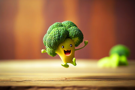 Broccoli Cartoon, AI Generative illustration. Funny vegetable. Cheerful cartoon character broccoli runs and jumps with a smile on his face.の素材