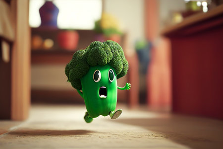 Broccoli Cartoon, AI Generative illustration. Funny vegetable. Cheerful cartoon character broccoli runs and jumps with a smile on his face.の素材