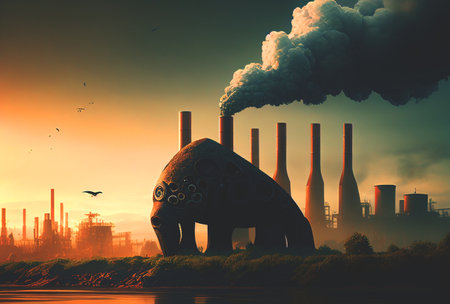 Smoke pipes of industrial plant in the environment. climate change. Green earth and air pollution from human. Global warming and Global CO2 emissions. Environmental protection, AI Generative illustration.の素材