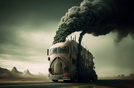 Smoke pipes of industrial plant in the environment. climate change. Green earth and air pollution from human. Global warming and Global CO2 emissions. Environmental protection, AI Generative illustration.の素材