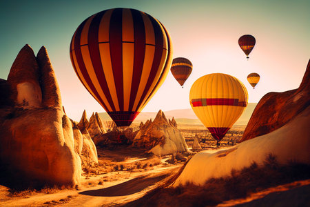 Air balloons on sunset in Cappadocia, Ai Generative illustration. Colorful hot air balloons fly in the sky on sunlight. Travel in Turkey.の素材