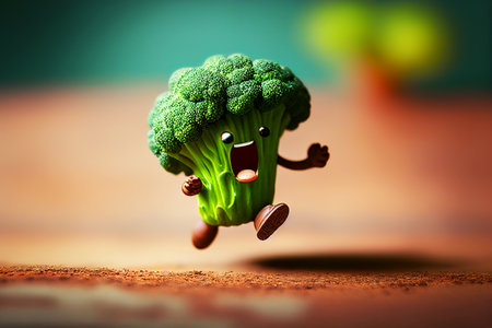 Broccoli Cartoon, AI Generative illustration. Funny vegetable. Cheerful cartoon character broccoli runs and jumps with a smile on his face.の素材