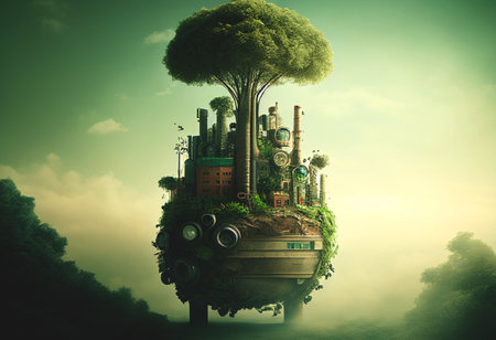 Smoke pipes of industrial plant in the environment. climate change. Green earth and air pollution from human. Global warming and Global CO2 emissions. Environmental protection, AI Generative illustration.の素材