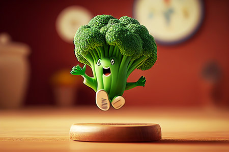 Broccoli Cartoon, AI Generative illustration. Funny vegetable. Cheerful cartoon character broccoli runs and jumps with a smile on his face.の素材