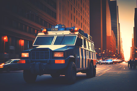 FBI Van, Armored Truck NY Trooper, undercover police car NYPD, New York Troopers, SWAT Special Vehicles. OPP HSD Police Interceptor, Prisoner Transport, Expedition SSV. AI Generative illustration.の素材