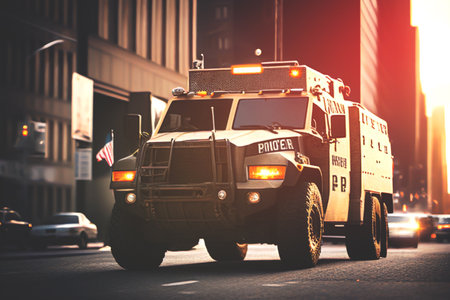 FBI Van, Armored Truck NY Trooper, undercover police car NYPD, New York Troopers, SWAT Special Vehicles. OPP HSD Police Interceptor, Prisoner Transport, Expedition SSV. AI Generative illustration.の素材
