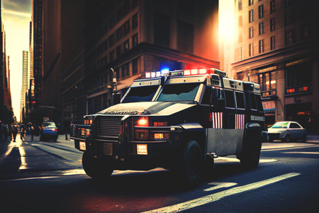 FBI Van, Armored Truck NY Trooper, undercover police car NYPD, New York Troopers, SWAT Special Vehicles. OPP HSD Police Interceptor, Prisoner Transport, Expedition SSV. AI Generative illustration.の素材