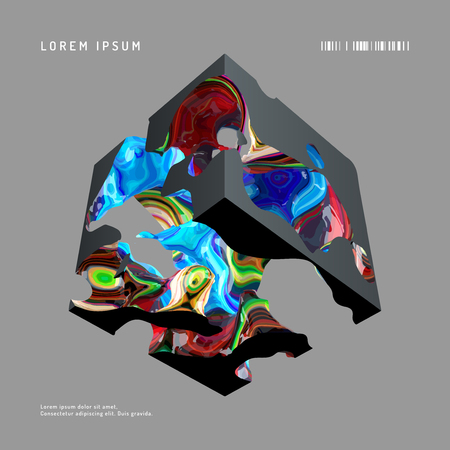 Modern composition with black cube and multi-colored entrails.のイラスト素材