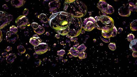 Colorful Water Drops bubbles on black background. 3d rendering.の写真素材