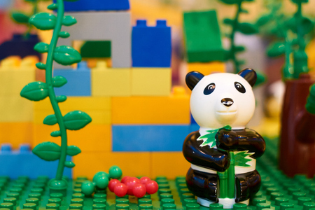 A black and white panda sits alone amid cubes from the designer and waits for the game to continue.の写真素材