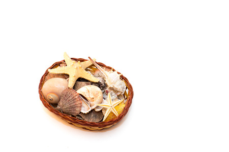 straw baskets with different shells and sea stars on a white backgroundの写真素材