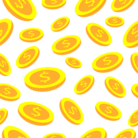 Vector coins rain on white background. Gold coins icon. Flat cartoon money.のイラスト素材