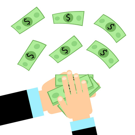 Hands hold a lot of money. Rain of money. Vector illustration on white background.のイラスト素材