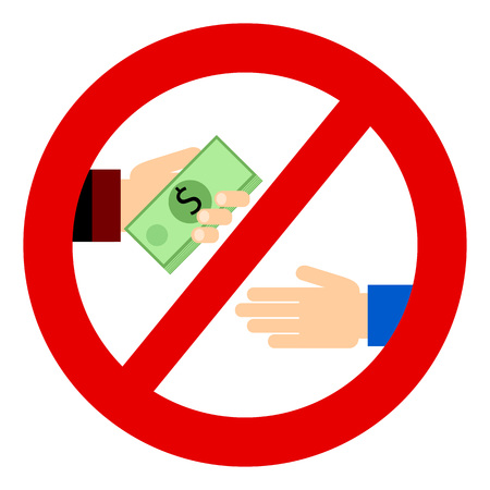 Corruption. Businessman gives a bribe. Corrupt practices. Vector illustration. Red prohibition signのイラスト素材