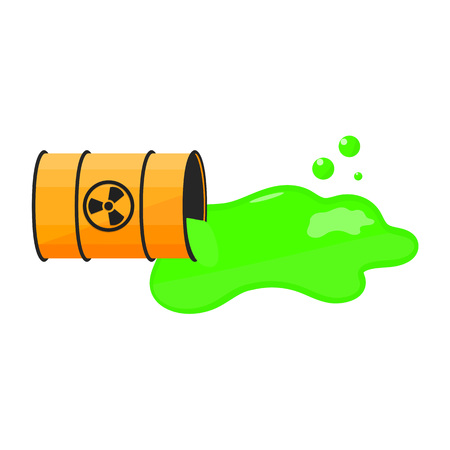 Barrel with spilled liquid. Radioactive sign. Green slime. Waste. Vector illustrationのイラスト素材