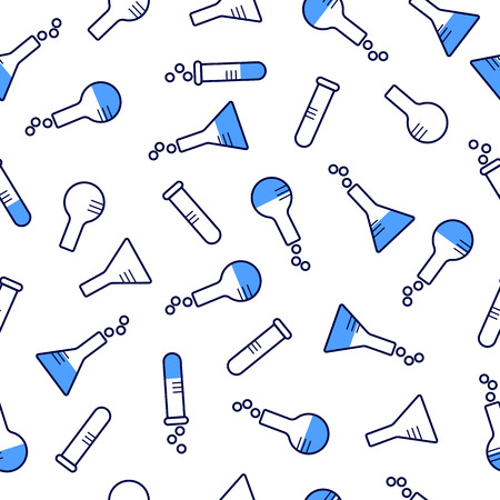 Medical seamless pattern with test-tube, flask and bottle. Vector illustration on white background.のイラスト素材