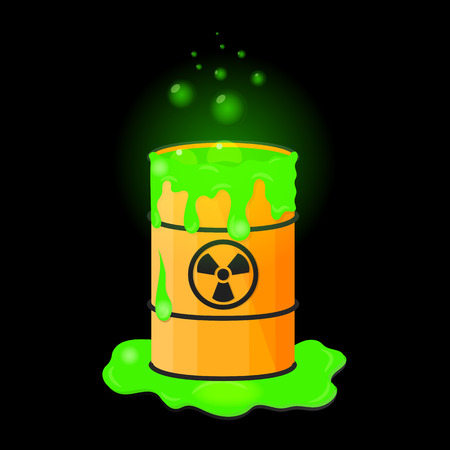 Barrel with spilled liquid. Radioactive green slime. Waste with bubbles. Vector illustration.のイラスト素材