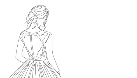 Beautiful young lady in long evening dress. Single line minimalist illustration of the woman in the evening gown. Illustration for women dress shop. Young elegant girl in beautiful cocktail dress.のイラスト素材