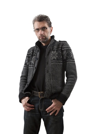 adult man holding hands in pockets isolated on whiteの写真素材