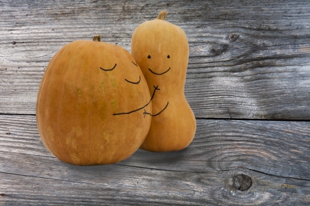 Two pumpkins in love on grungy backgroundの写真素材