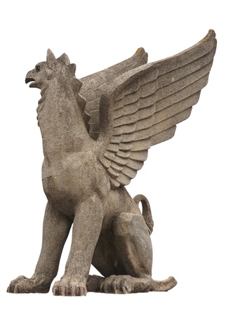 concrete griffin statue isolated on white backgroundの写真素材