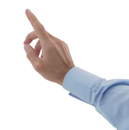 male hands finger on imaginary touchpad isolated whiteの写真素材