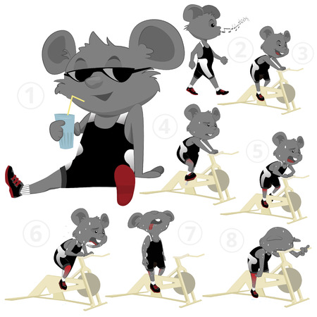 This is a collection of cute mouse characters in 8 various stages of exhaustion during a cycling exercise. A stationary bike is being used by the mouse doing the biking workout.のイラスト素材