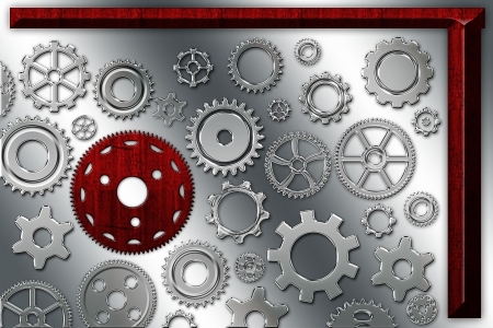 Lot of silver gears and one redの写真素材