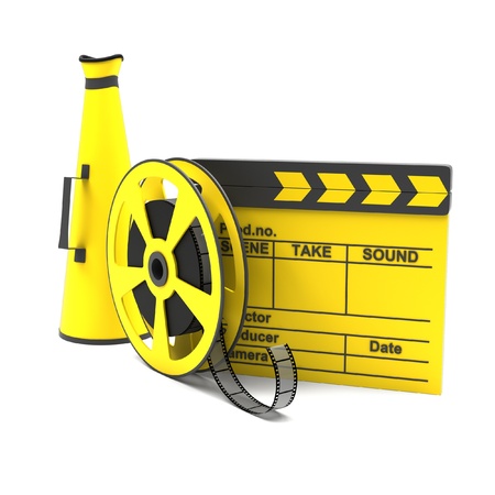 Movie clapper and film strip and megaphone on a white backgroundの写真素材