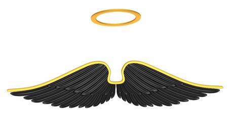 Black angel wings isolated on a white background の写真素材