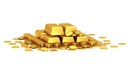 Gold coins and gold bars on a white background の写真素材