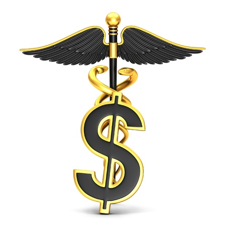 Black caduceus medical symbol and dollar sign on a white backgroundの写真素材