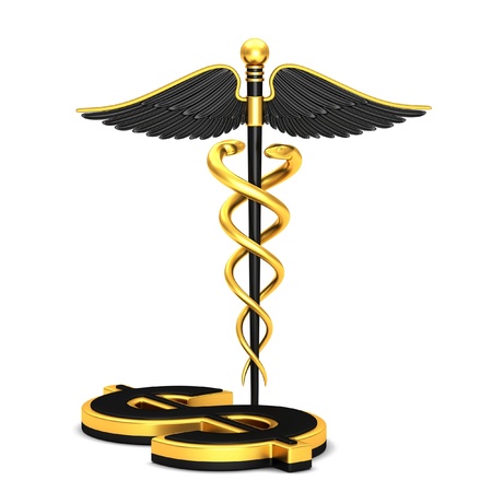 Black caduceus medical symbol and dollar sign on a white backgroundの写真素材
