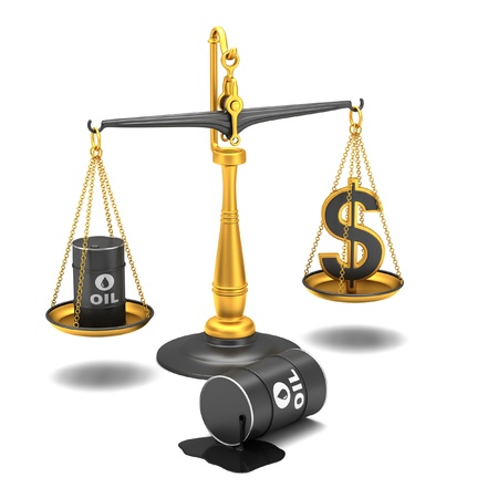Classic scales with an oil barrel and dollar sign, on white backgroundの写真素材