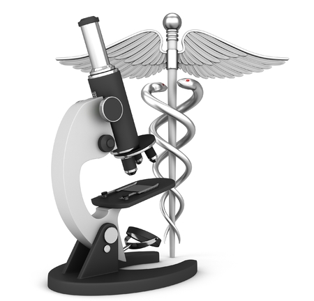 Caduceus medical symbol and microscope. 3D illustrationの写真素材