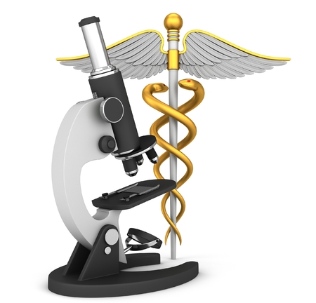 Caduceus medical symbol and microscope. 3D illustrationの写真素材