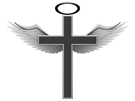 Christian cross and angel wings on a white background. 3D renderingの写真素材