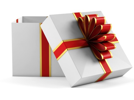 Gift box with red ribbon bow on white background. 3D renderingの写真素材