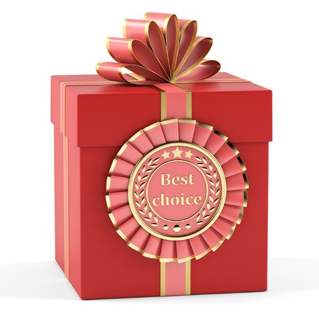 Gift box with red ribbon bow on white background. 3D renderingの写真素材