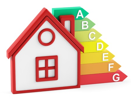Energy efficiency and house on white background. 3D renderingの写真素材