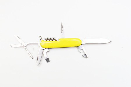 Multipurpose knife isolated on white with all neccessary tools all in oneの写真素材